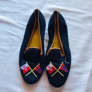 Stubbs & Wootton Navy Loafers with Colorful Flag Embroidery